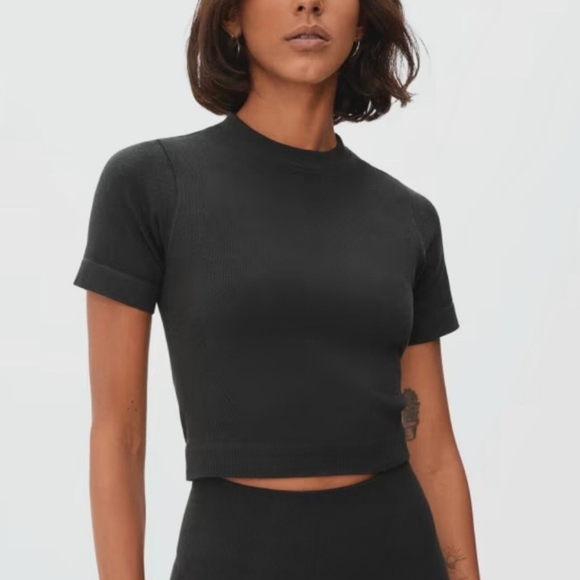 Everlane the seamless tee black crop ribbed stretch tee XS/S - Picture 1 of 11